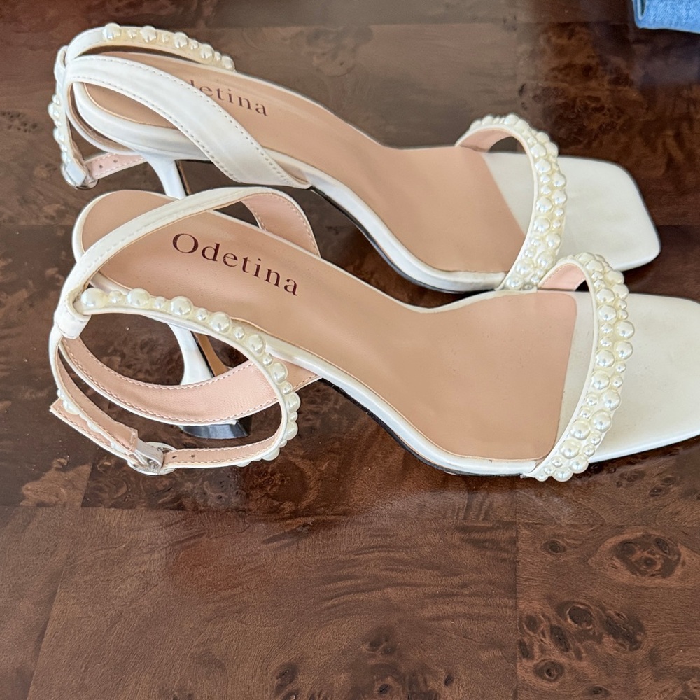 Ivory Pearl-Embellished Ankle Strap Heels